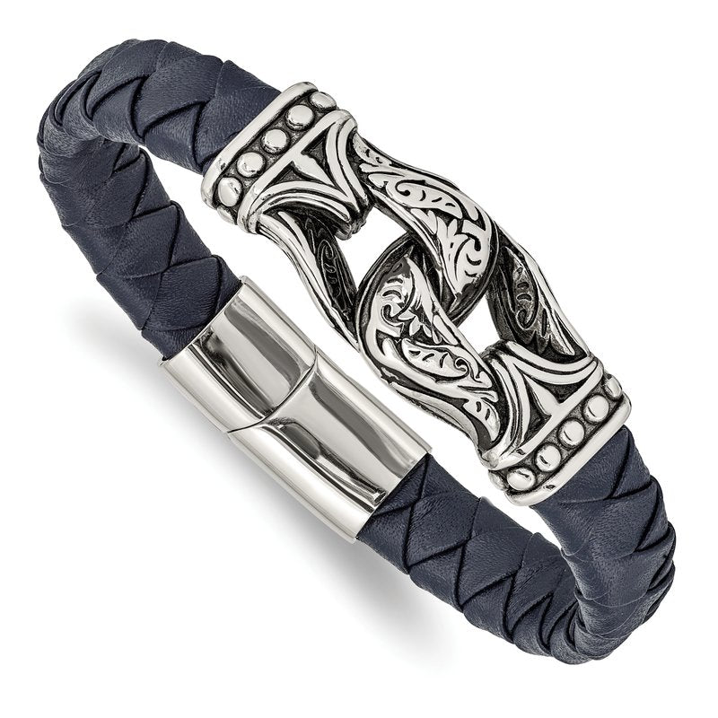 Stainless Steel Antiqued and Polished Blue Woven Leather 8.75 inch Bracelet