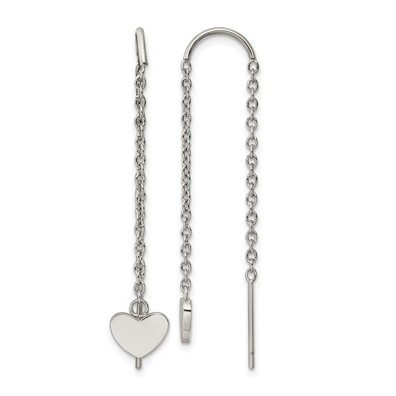 Stainless Steel Polished Threader Heart Dangle Earrings
