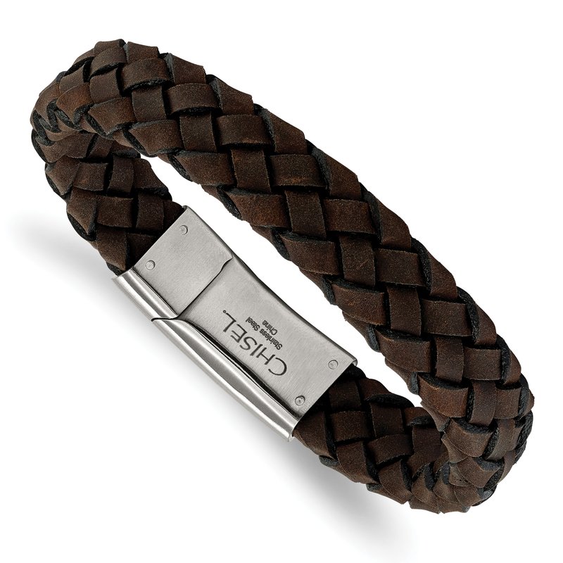 Stainless Steel Brushed Brown Braided Leather 8.25 inch Bracelet