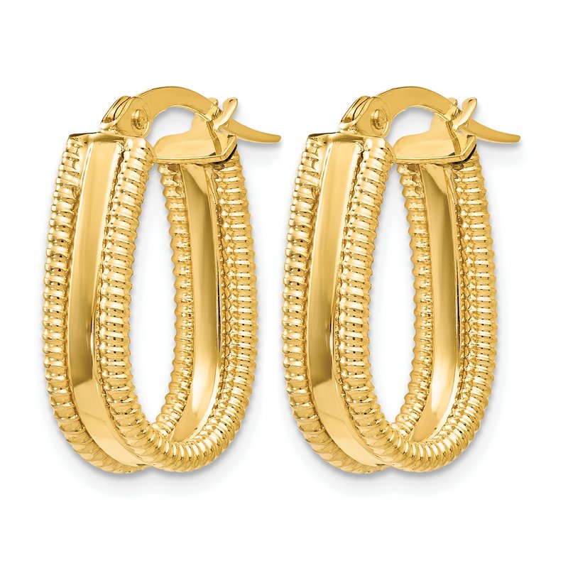 14K Polished Textured Oval Hoop Earrings