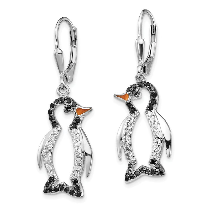 Sterling Silver Rhodium-plated with Black Rhodium Accent Enameled Brilliant-cut Black and White CZ Penguin Leverback Dangle Earrings