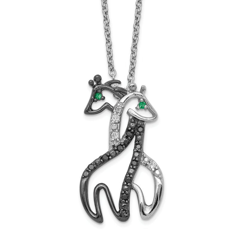 Sterling Silver Rhodium-plated with Black Rhodium Accent Brilliant-cut Black Green and White CZ Giraffes 18 Inch Necklace