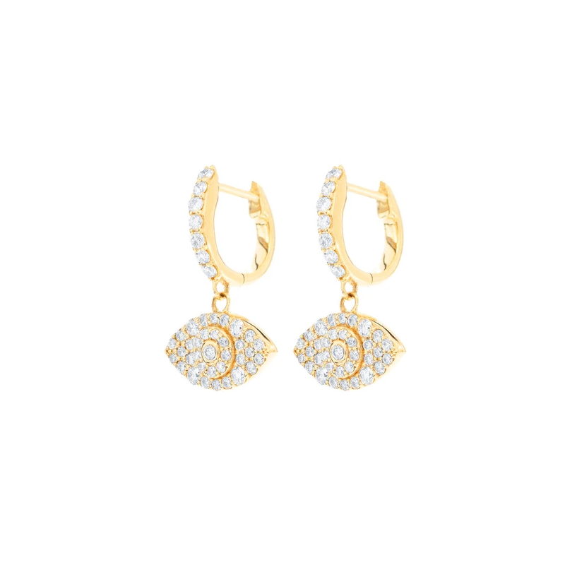 Dangling Evil Eye Huggie Earrings 14K
