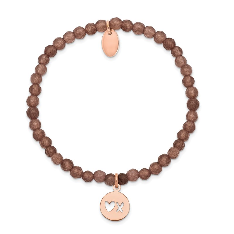 Stainless Steel Polished Rose IP-plated XO 4mm Brown Jade Beaded Stretch Bracelet