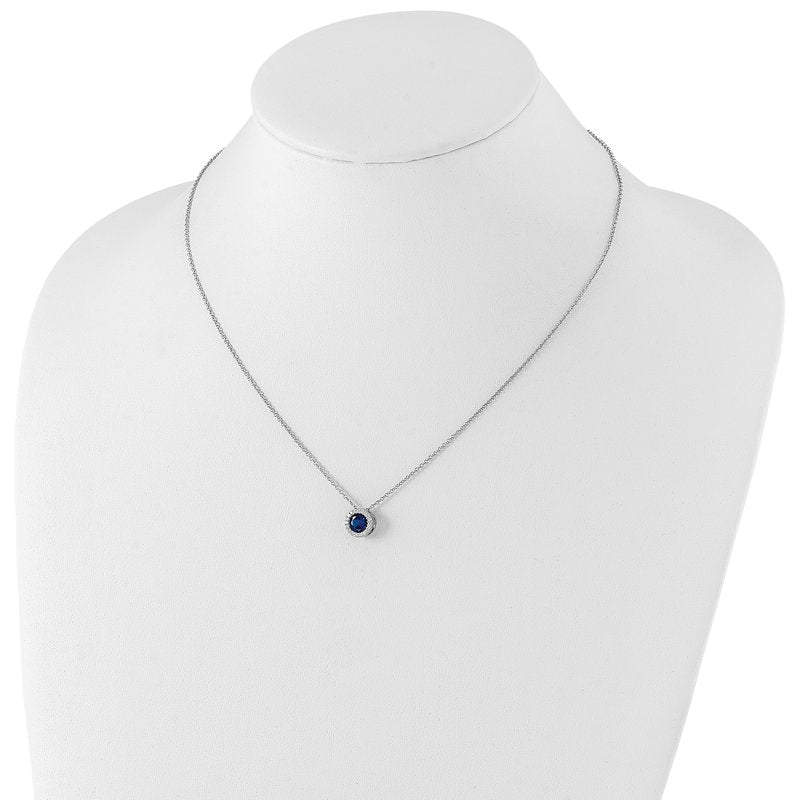 Sterling Silver Rhodium-plated Brilliant-cut Lab Created Dark Blue Spinel and Brilliant-cut White CZ Round Halo 18.25 Inch Necklace