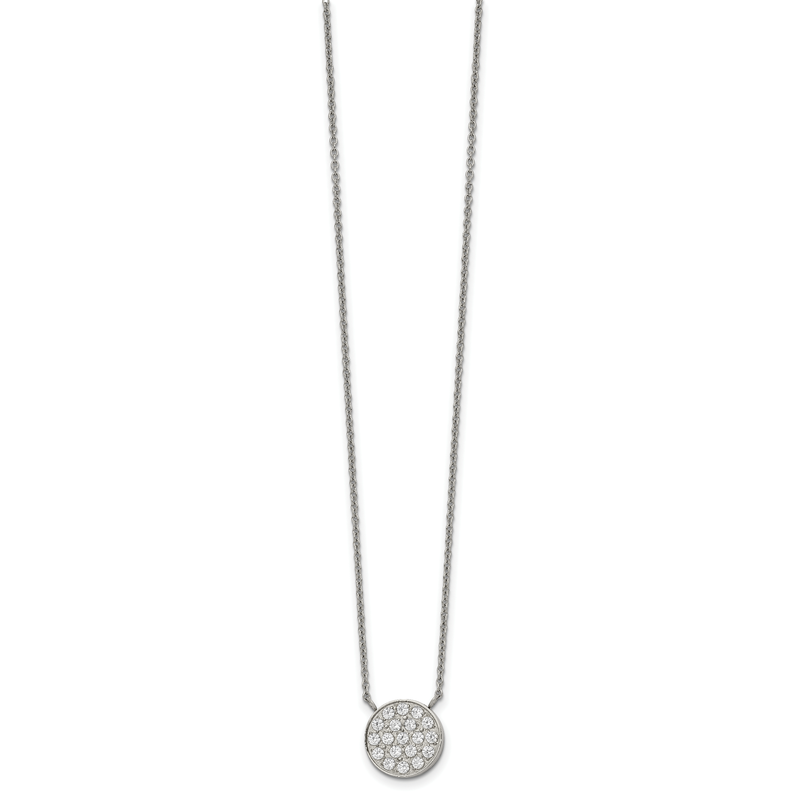 Stainless Steel Polished CZ Circle on a 17 inch Cable Chain with a 2 inch Extension Necklace