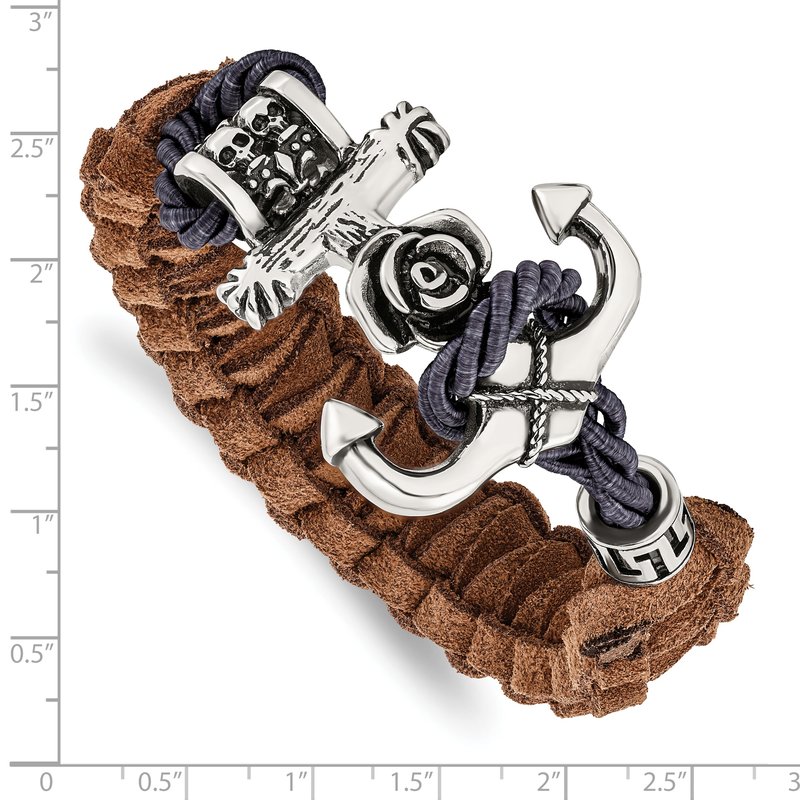 Stainless Steel Antiqued and Polished Anchor with Flower and Skulls Brown Leather 8.5 inch Bracelet