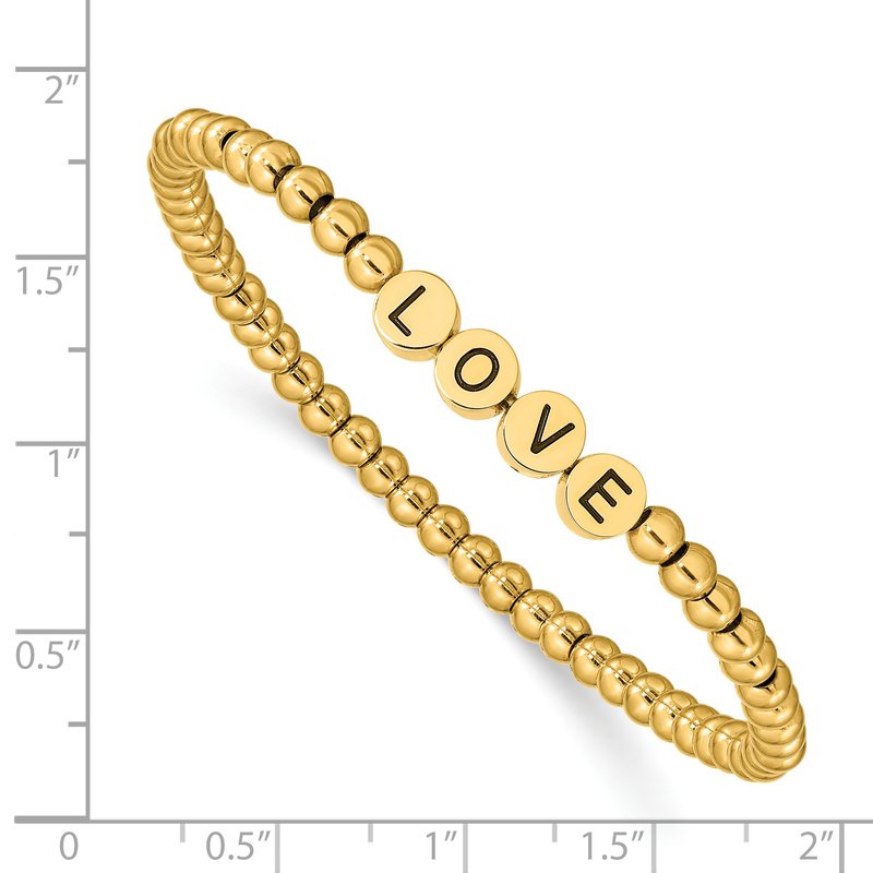Stainless Steel Antiqued and Polished Yellow IP-plated LOVE 4mm Beaded Stretch Bracelet