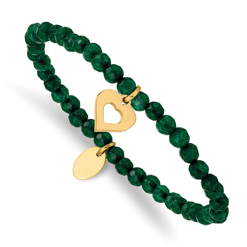Stainless Steel Polished Yellow IP-plated Heart 4mm Green Jade Beaded Stretch Bracelet