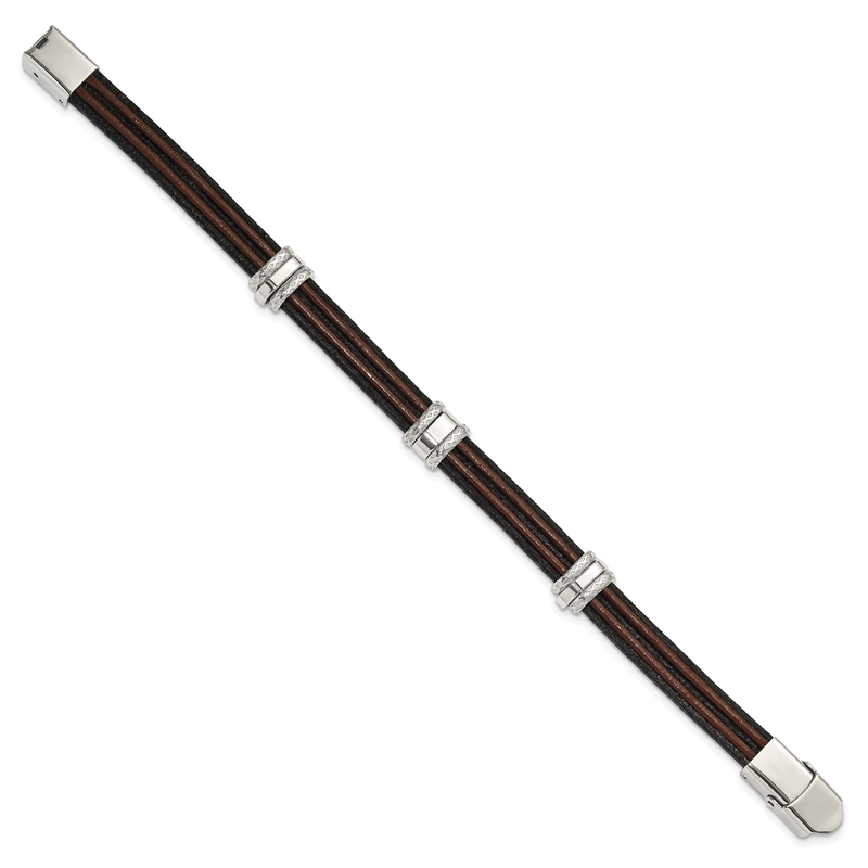 Stainless Steel Polished Black and Brown Leather 8.25 inch Bracelet