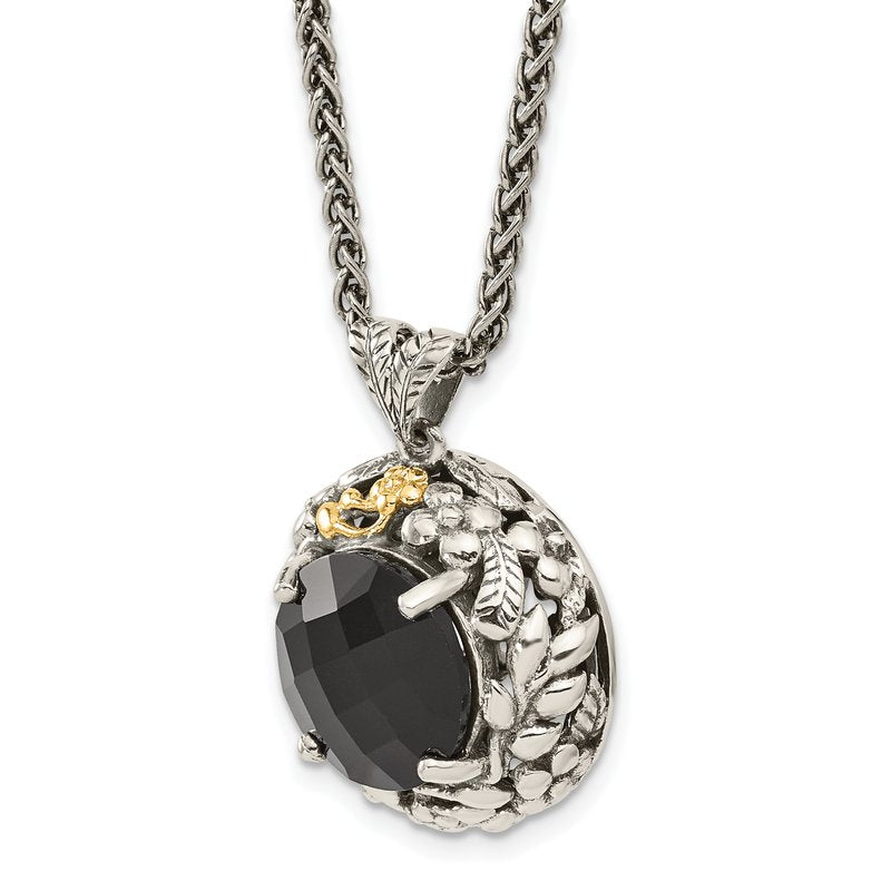 Sterling Silver with 14K Accent 18 Inch Antiqued Checkerboard-cut Black Onyx Necklace