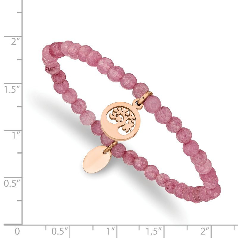Stainless Steel Polished Rose IP-plated Tree 4mm Pink Jade Beaded Stretch Bracelet