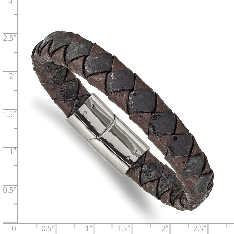 Stainless Steel Polished Black and Brown Textured Leather 8 inch Bracelet