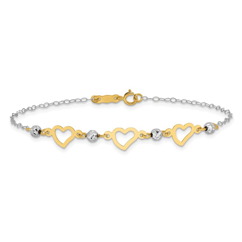 14K Two-tone Hearts and Diamond-cut Beads 7.5 inch Bracelet