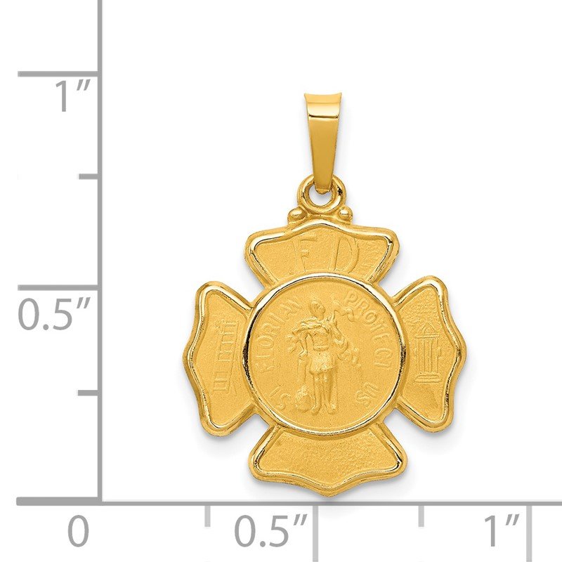 14k Polished and Satin Hollow St Florian F.D. Badge Medal Pendant