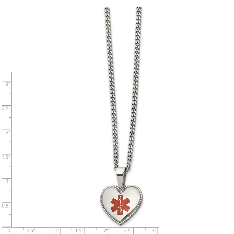 Stainless Steel Polished with Red Enamel Heart Medical ID Pendant on a 20 inch Curb Chain Necklace