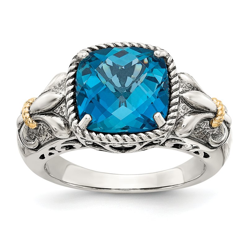 Sterling Silver with 14K Accent Antiqued Checkerboard Cushion London Blue Topaz Ring