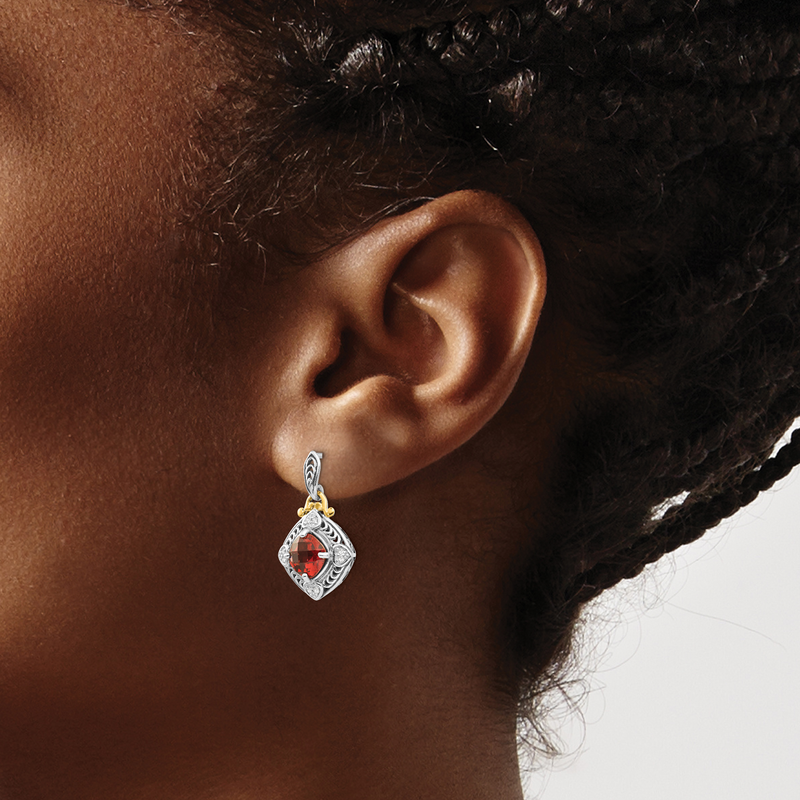 Sterling Silver with 14K Accent Antiqued Diamond and Cushion Garnet Post Dangle Earrings