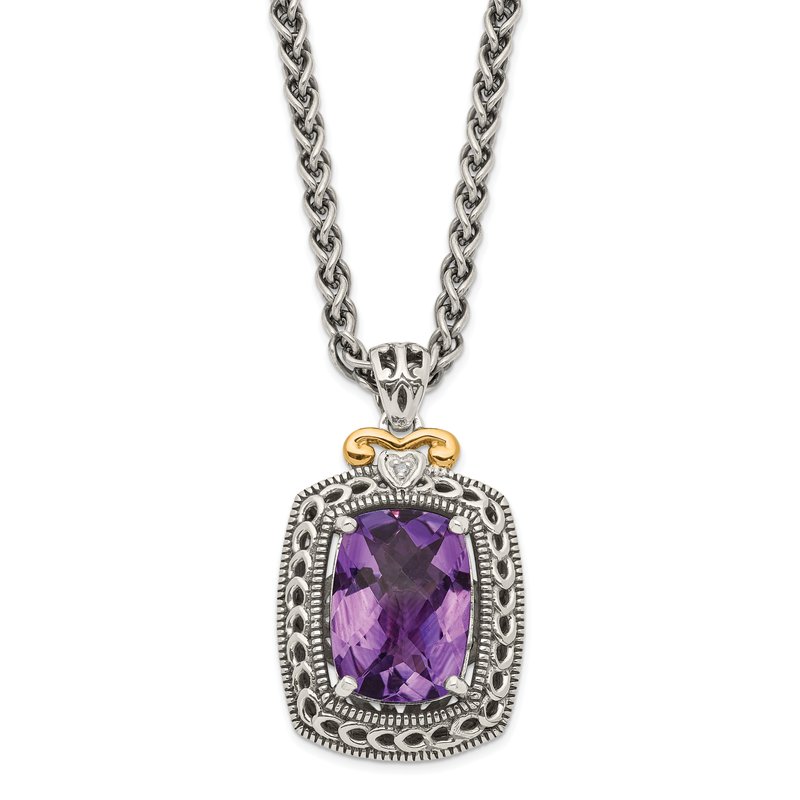 Sterling Silver with 14K Accent 18 Inch Antiqued Checkerboard-cut Cushion Amethyst and Diamond Necklace