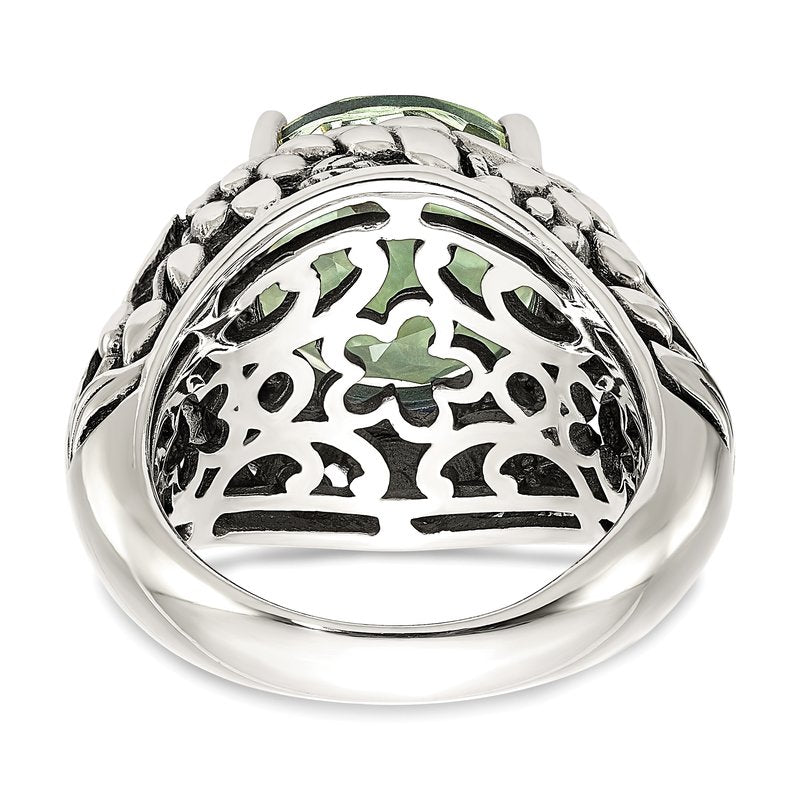 Sterling Silver with 14K Accent Antiqued Round Green Quartz Ring