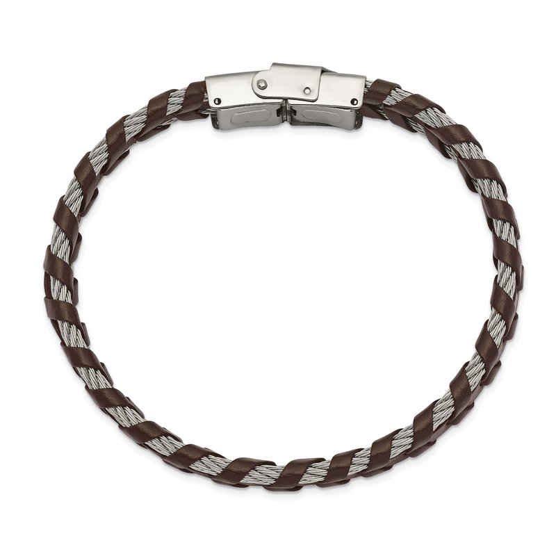Stainless Steel Polished Cable and Brown Leather 8.25 inch Bracelet