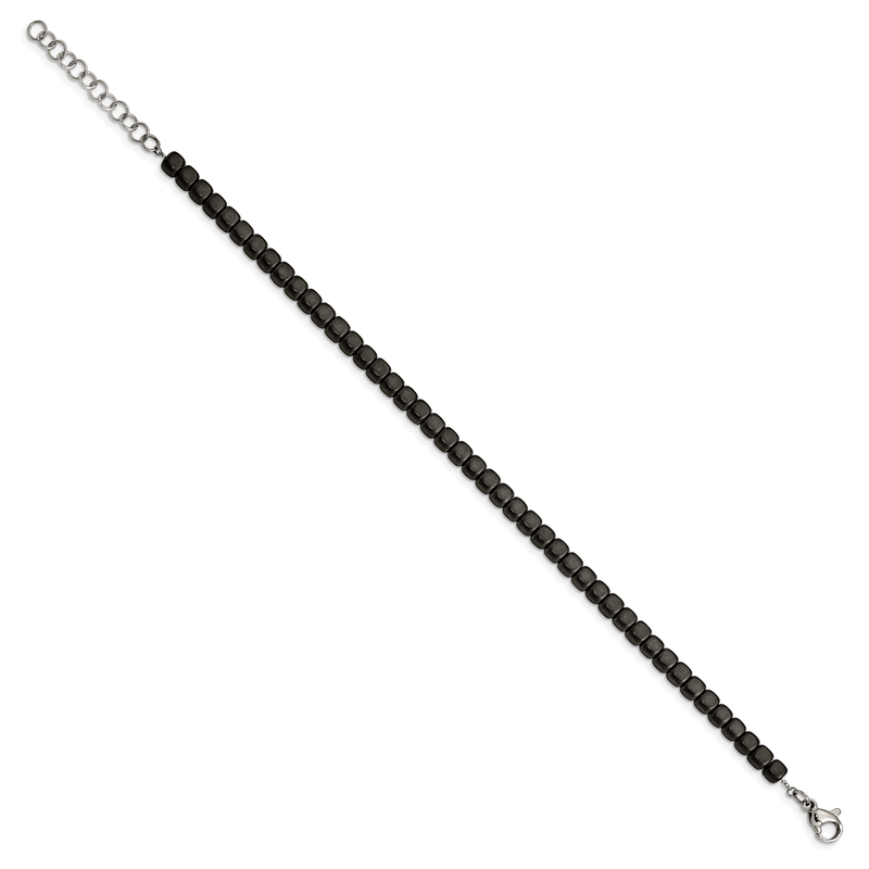 Stainless Steel Brushed and Polished Square Hematite Beaded 7 inch Bracelet with 1.25 inch Extension