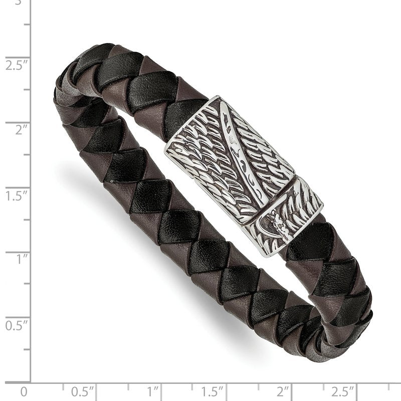 Stainless Steel Antiqued and Polished Sword Black and Brown Braided Leather 8.5 inch Bracelet