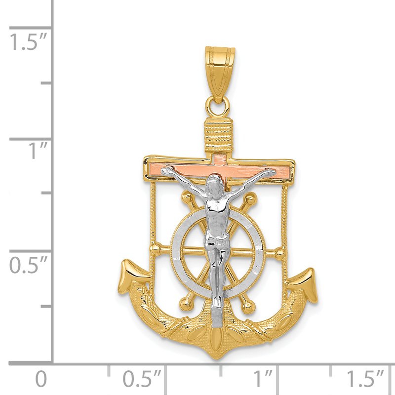 14k Tri-color Diamond-cut and Textured Mariners Crucifix Pendant