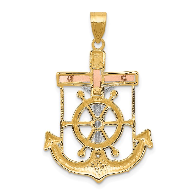 14k Tri-color Diamond-cut and Textured Mariners Crucifix Pendant