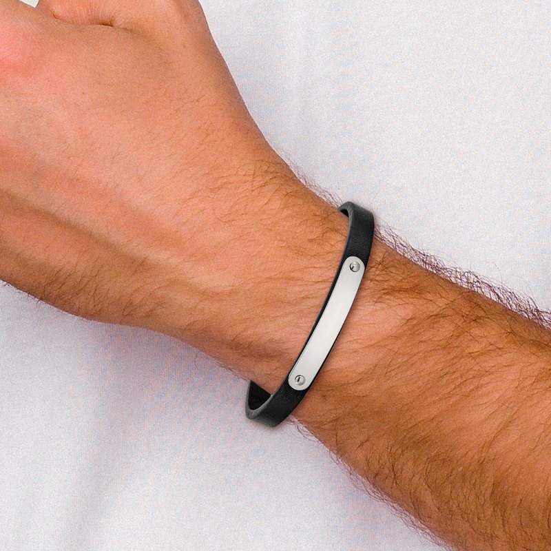 Stainless Steel Polished Black Leather 8.5 inch ID Bracelet