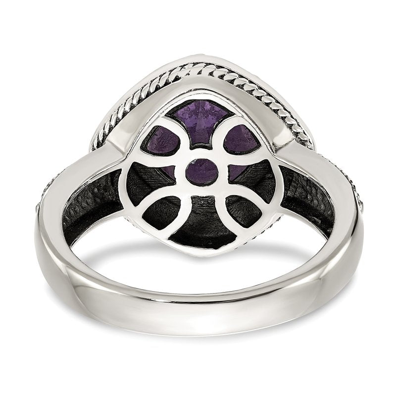 Sterling Silver with 14K Accent Antiqued Cushion Bezel Amethyst Ring