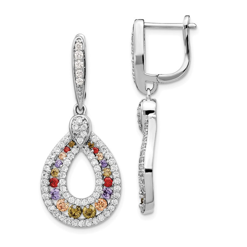 Sterling Silver Rhodium-plated Multi-color Brilliant-cut CZ Teardrop Hinged Post Dangle Earrings