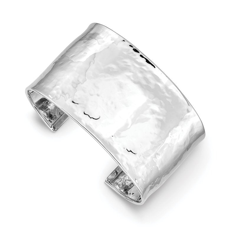 14k White Gold 37mm Hammered Polished Cuff Bangle Bracelet