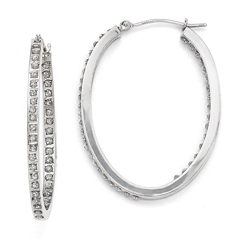 14k White Gold Diamond Fascination Oval Hinged Hoop Earrings