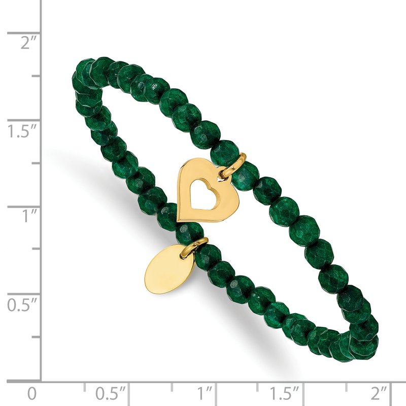 Stainless Steel Polished Yellow IP-plated Heart 4mm Green Jade Beaded Stretch Bracelet