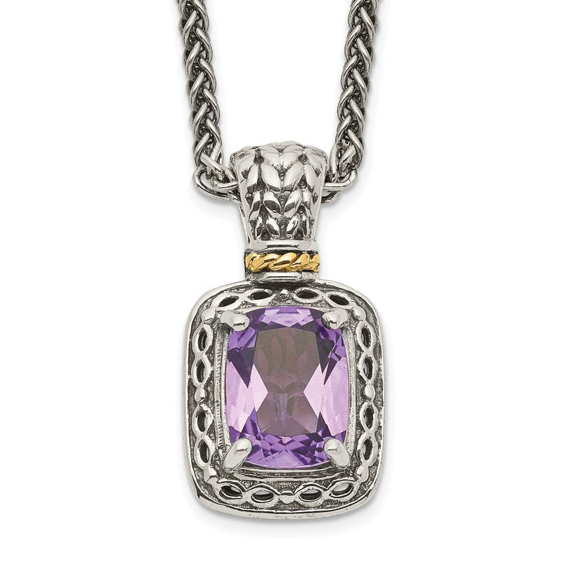Sterling Silver with 14K Accent 18 inch Antiqued Cushion Amethyst Necklace