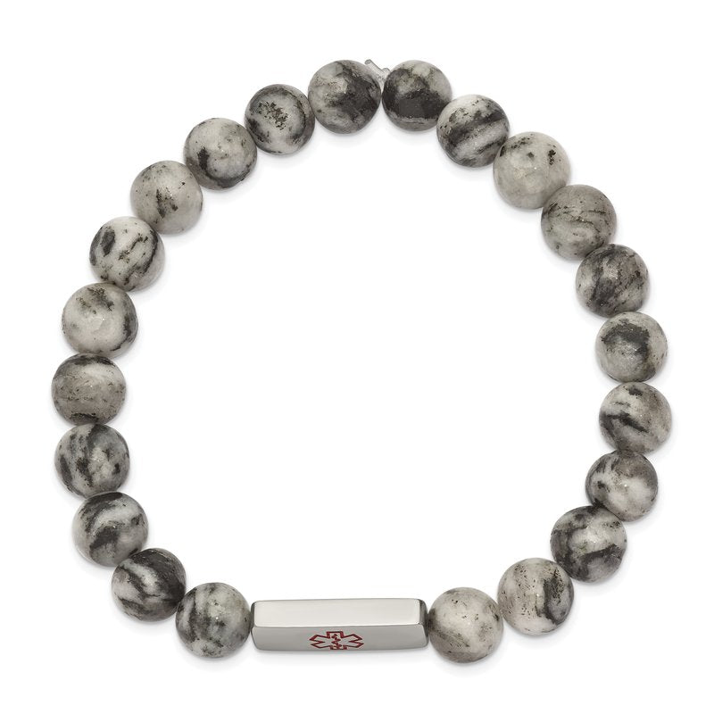 Stainless Steel Polished with Red Enamel Medical ID 8.5mm Lotus Jasper Beaded Stretch Bracelet