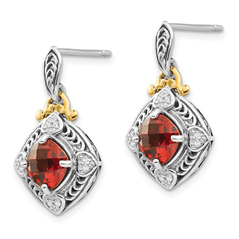 Sterling Silver with 14K Accent Antiqued Diamond and Cushion Garnet Post Dangle Earrings