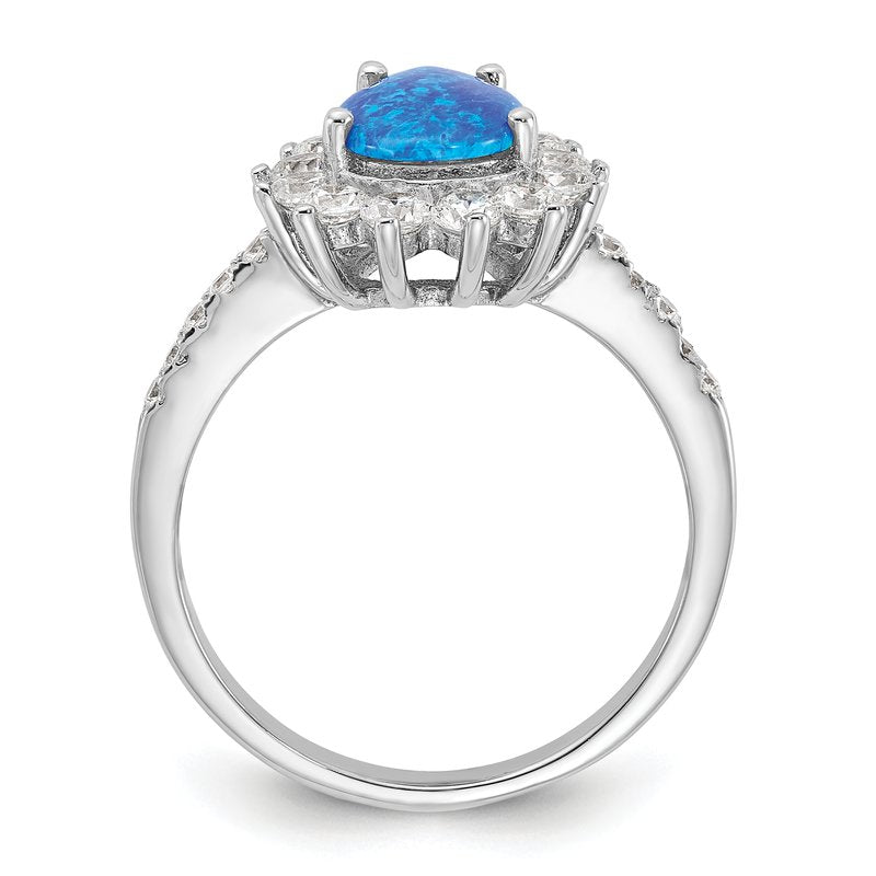 Sterling Silver Rhodium-plated Cabochon Lab Created Blue Opal and Brilliant-cut CZ Teardrop Shaped Ring
