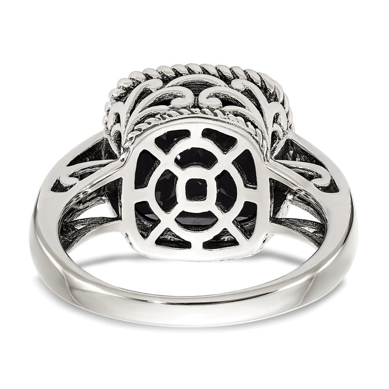 Sterling Silver with 14K Accent Antiqued Checkerboard-cut Black Onyx Ring