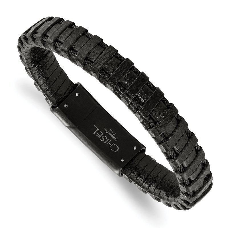 Stainless Steel Polished Black IP-plated Cable and Black Leather 8.5 inch Bracelet