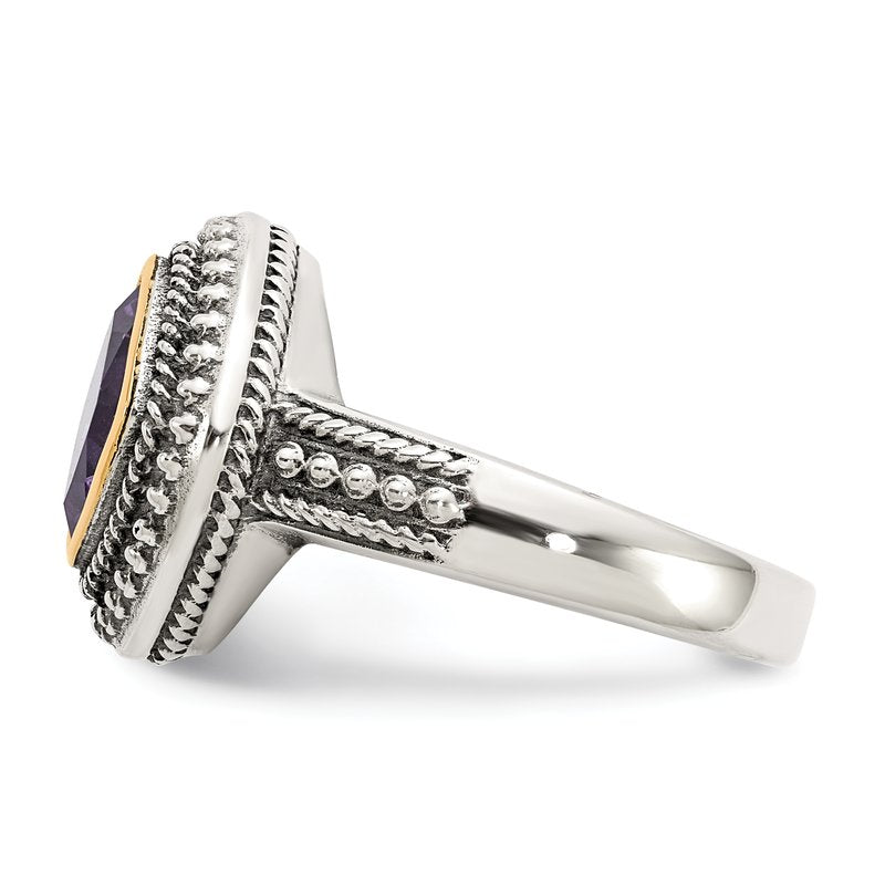 Sterling Silver with 14K Accent Antiqued Cushion Bezel Amethyst Ring