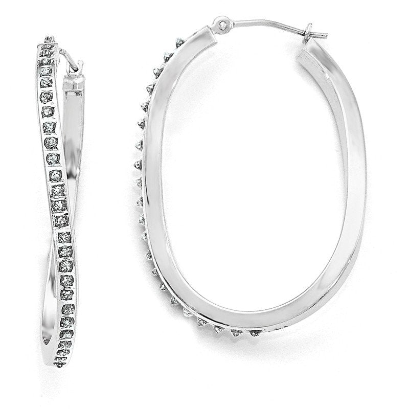 14k White Gold Diamond Fascination Oval Twist Hinged Hoop Earrings
