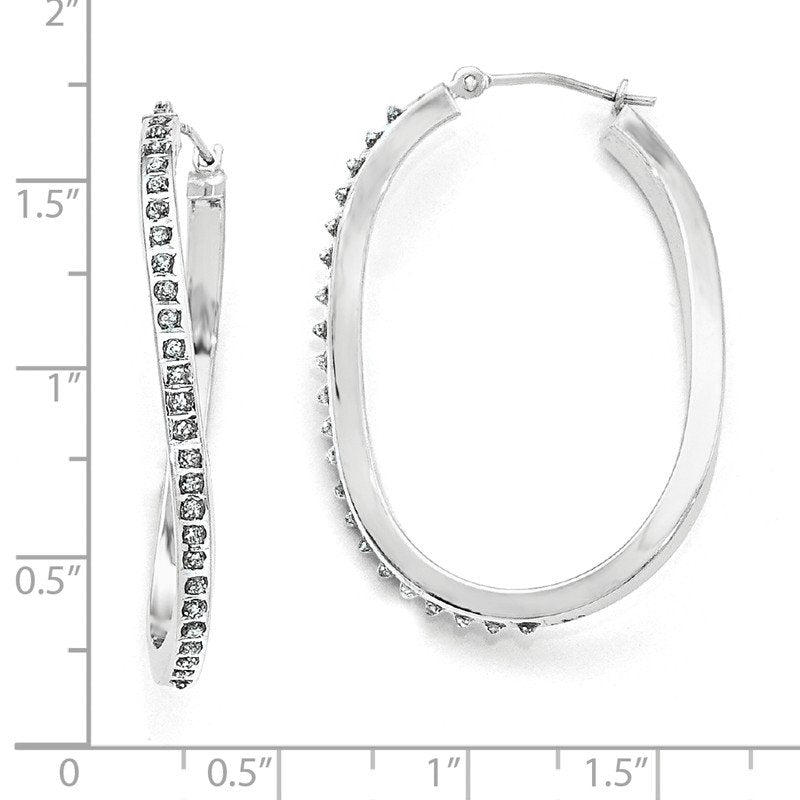 14k White Gold Diamond Fascination Oval Twist Hinged Hoop Earrings