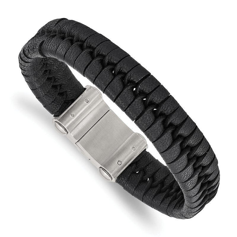 Stainless Steel Brushed Black Leather 8.5 inch Bracelet