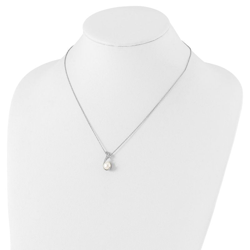 Sterling Silver Rhodium-plated Freshwater Cultured Pearl and Brilliant-cut CZ Swirl 18 Inch Necklace