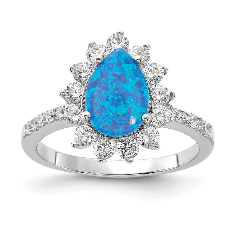 Sterling Silver Rhodium-plated Cabochon Lab Created Blue Opal and Brilliant-cut CZ Teardrop Shaped Ring