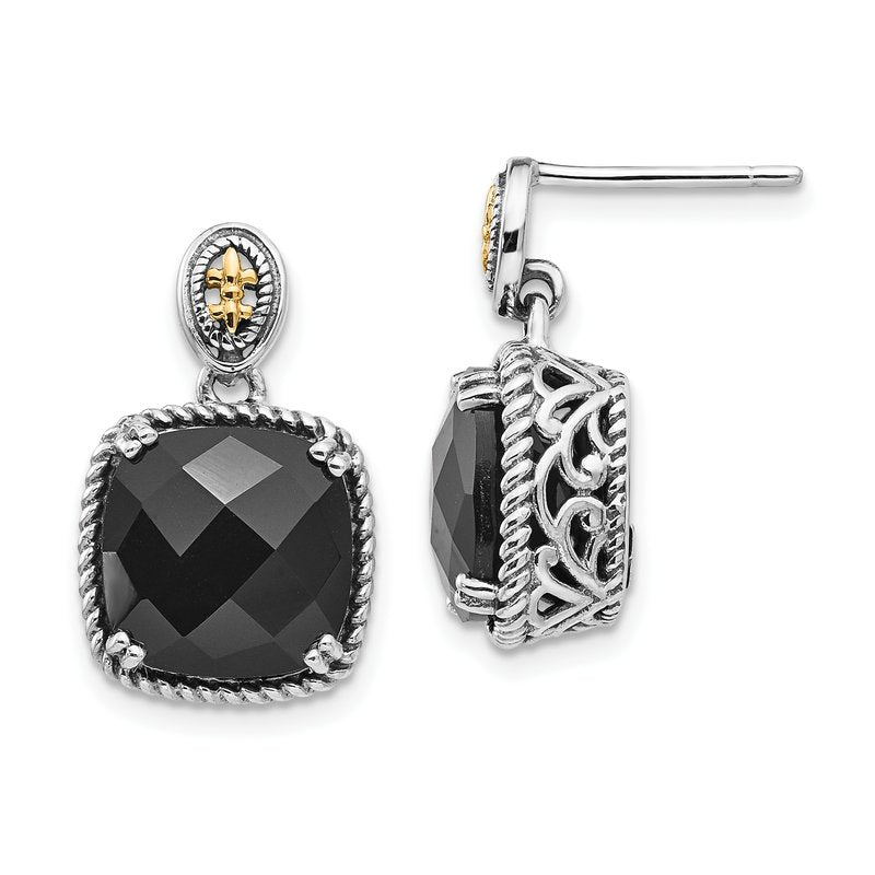 Sterling Silver with 14K Accent Antiqued Checkerboard-cut Black Onyx Dangle Post Earrings