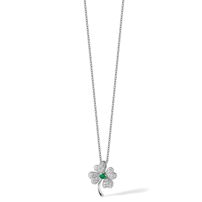 Sterling Silver Rhodium-plated Brilliant-cut Green Glass and Brilliant-cut White CZ Four Leaf Clover 18 Inch Necklace