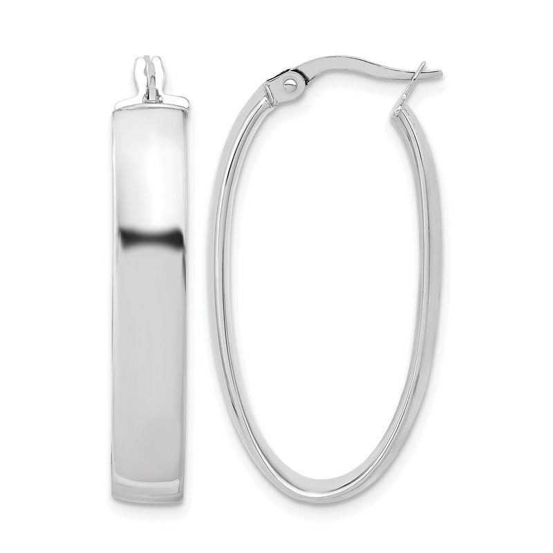 14K with White Rhodium Plating Polished Oval Hoop Earrings